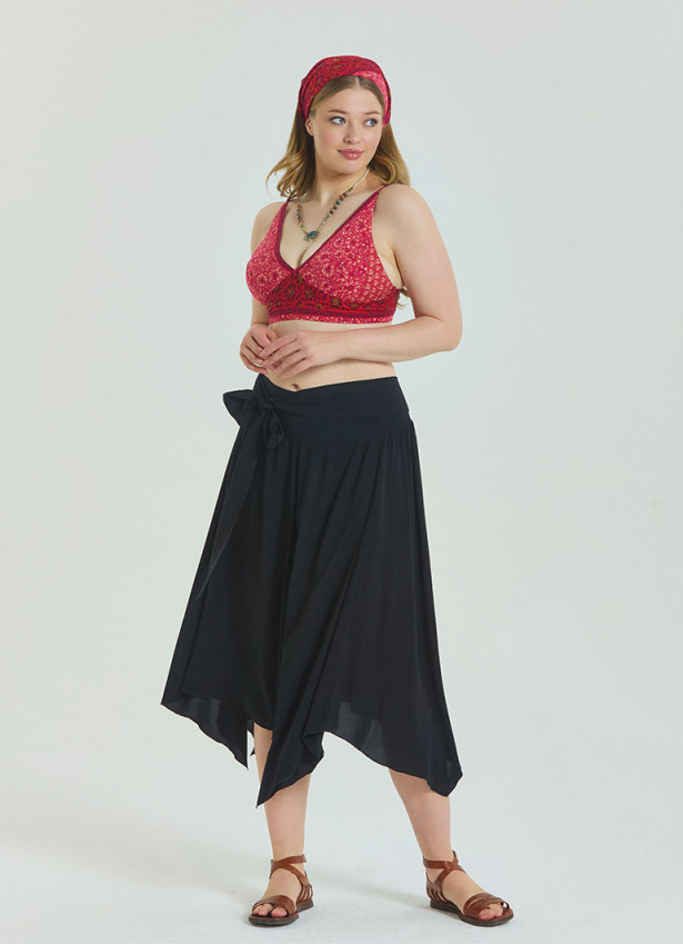Black Plus Size Skirt with Waist Tie and Gipe Detail 4590